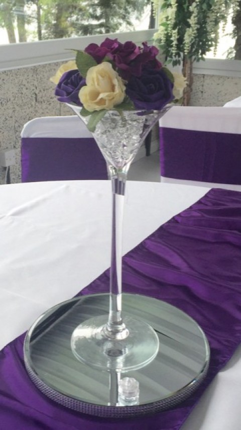 Purple florals on martini vase with clear gel beads
