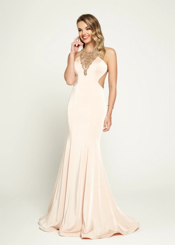 this beautiful prom / black tie dress in champagne a size 10 (also the last one )