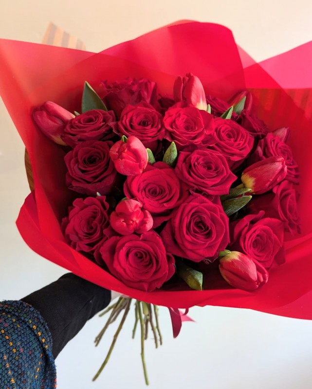 Classic Red Roses &  Spring Tulips - Valentine's Day Bouquet